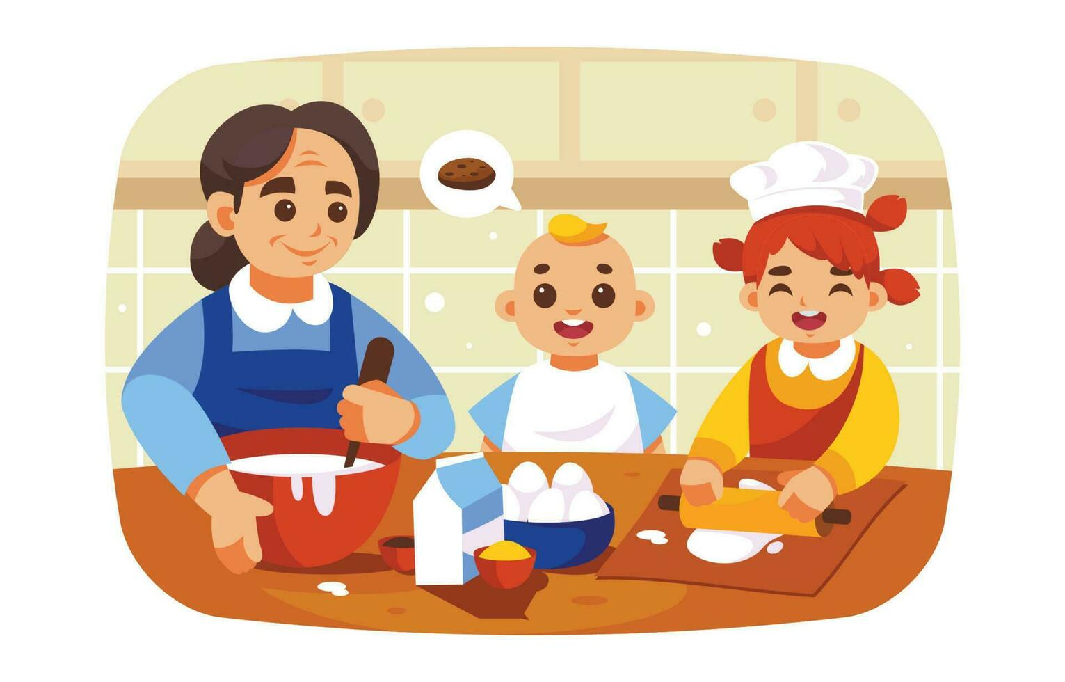 Happy Kids Make Cookies With Their Mother at The Kitchen vector