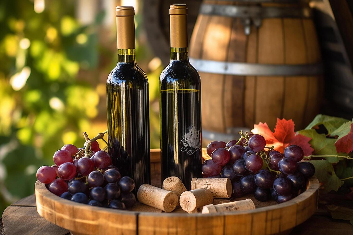 red and white wine bottles and grapes on wine barrel, photo