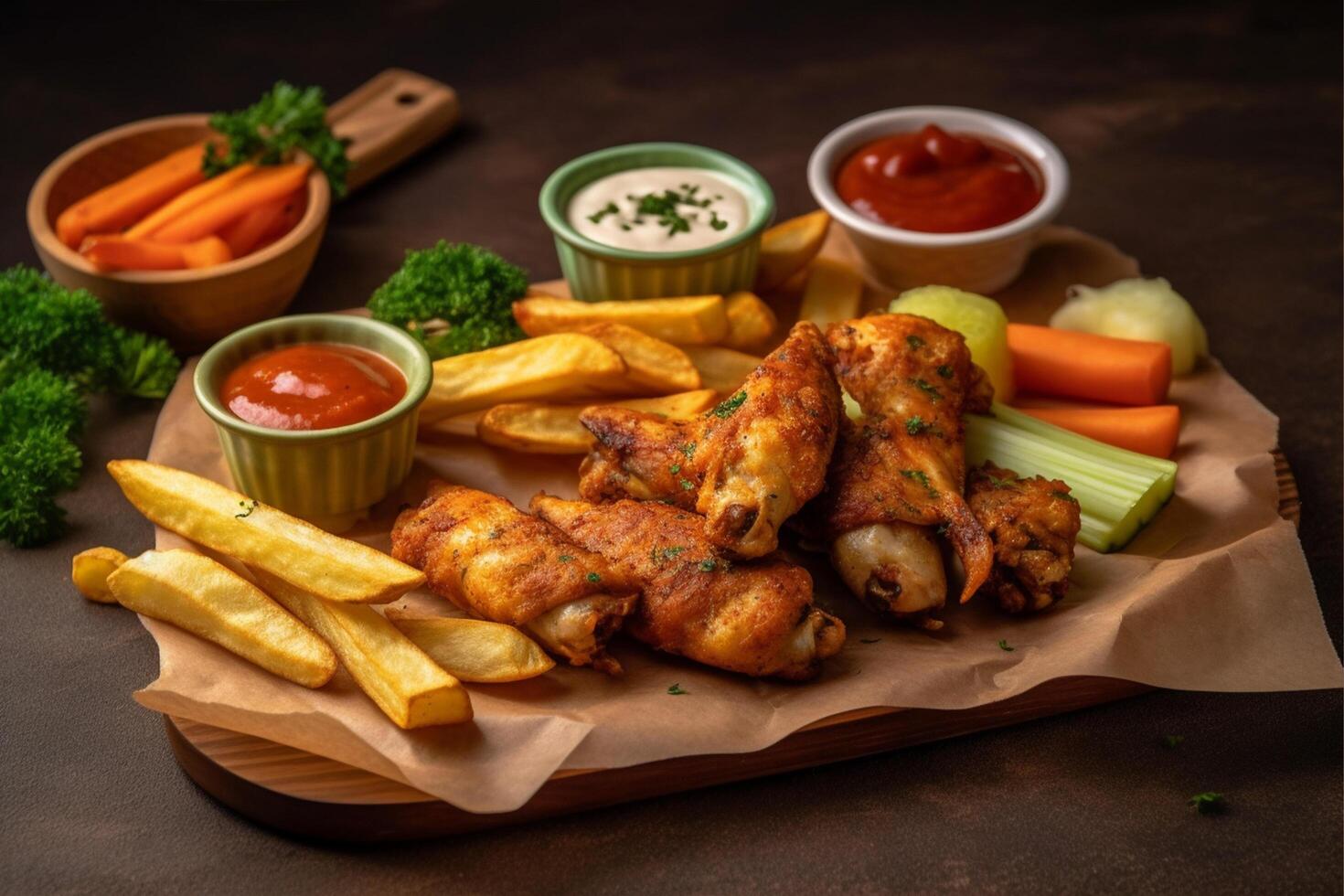 Roasted chicken wings and French fries served on a wooden board, photo