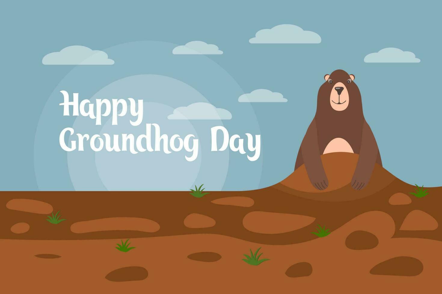contento marmota día, gracioso dibujos animados marmota en puesta de sol antecedentes. festivo ilustración, imprimir, vector