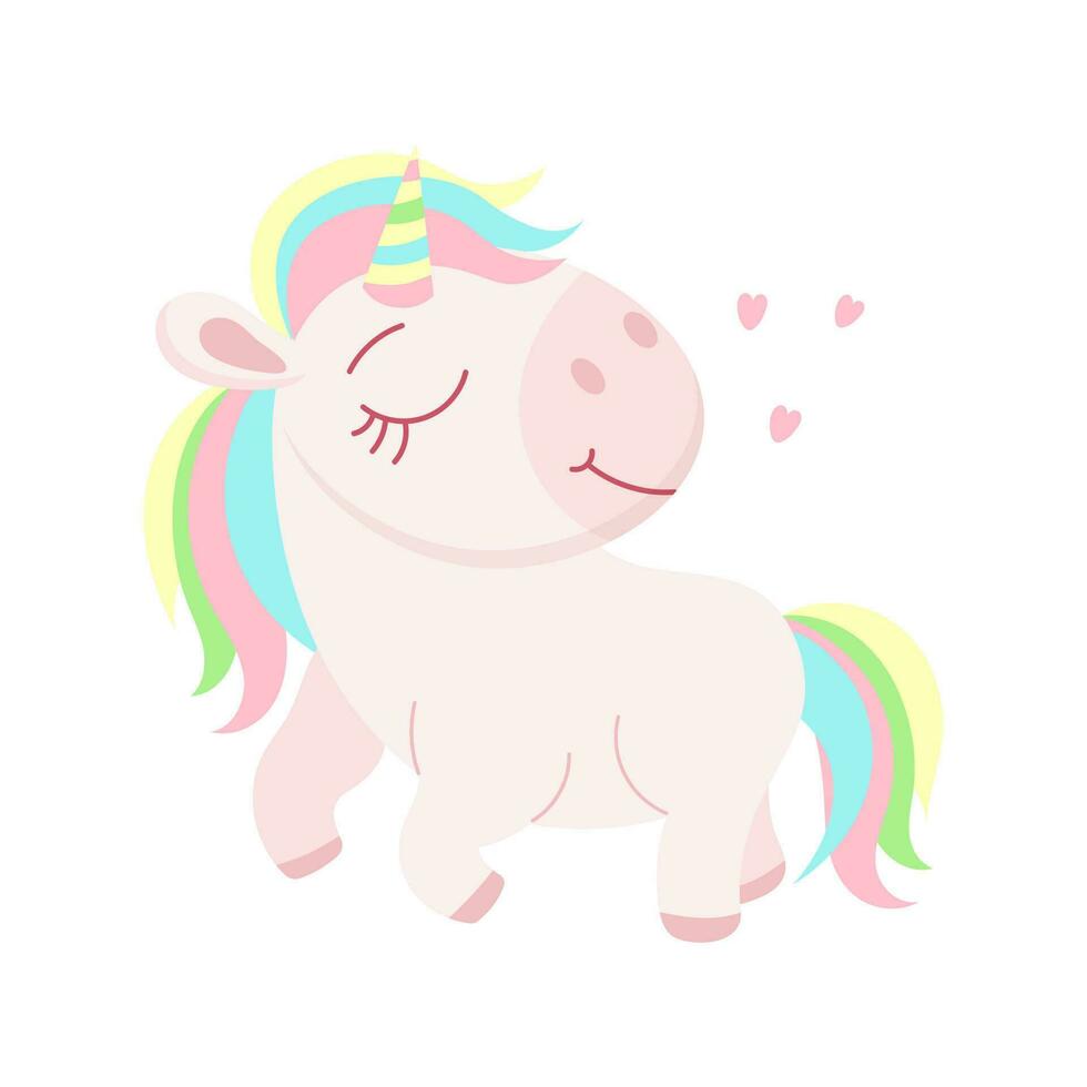 Cute unicorn with rainbow mane and rainbow tail. Children's magic illustration, postcard, vector