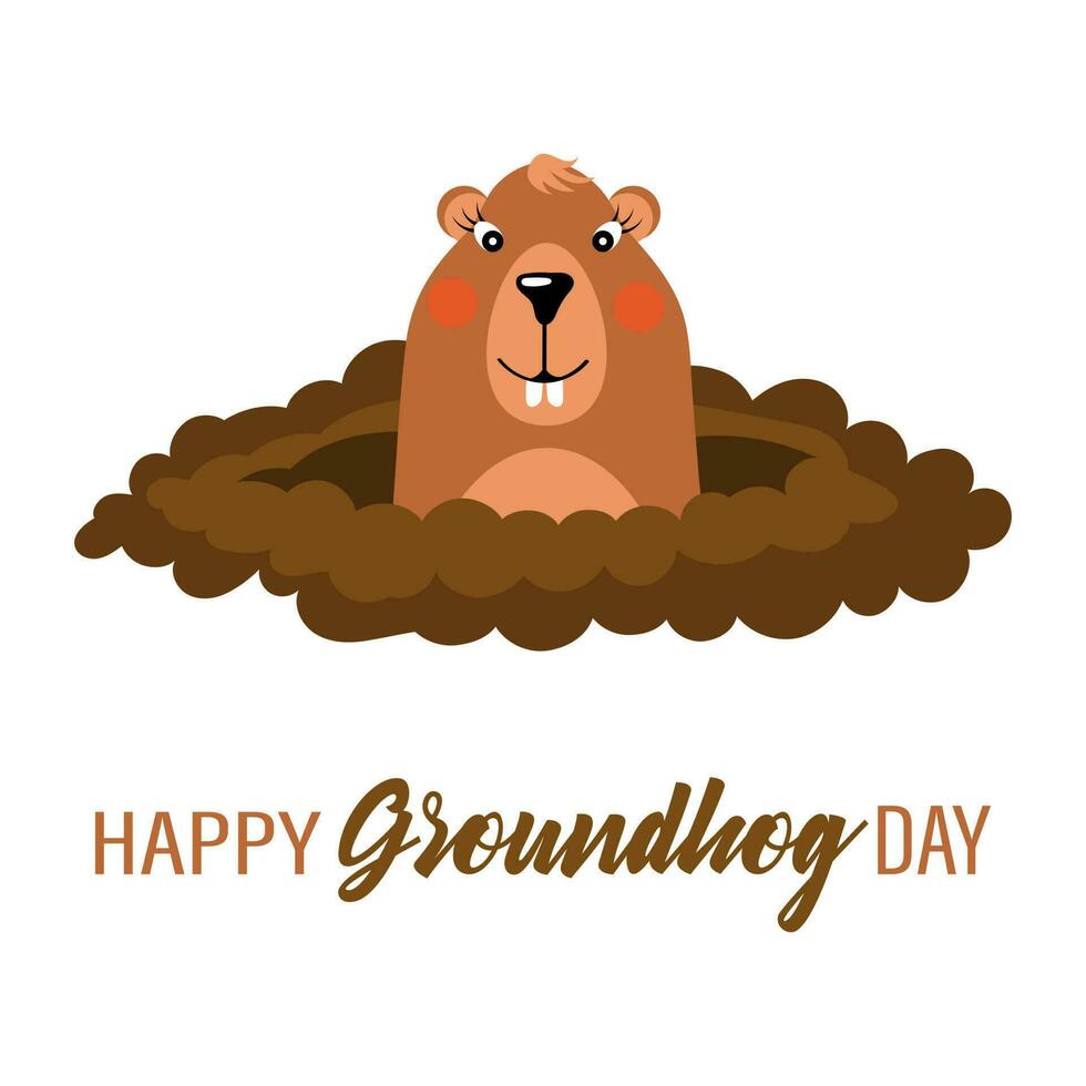 Happy groundhog day, funny groundhog character crawls out of the ground. Congratulation banner, postcard, poster, vector