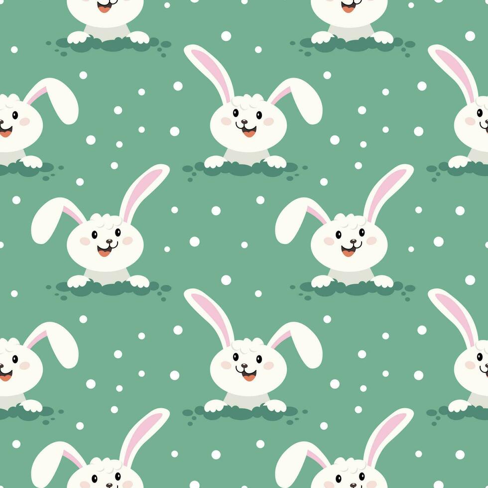 Seamless pattern, cute Easter bunnies on a green background with polka dots. Children's print, background, textile, vector