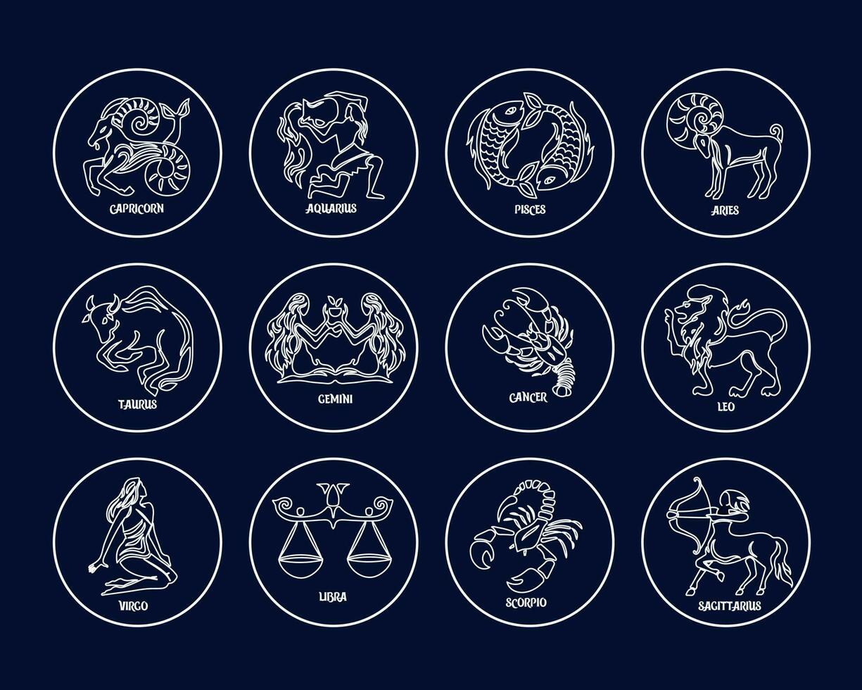 Zodiac signs, astrological horoscope signs. Contour white drawings on a blue background. Icons, vector