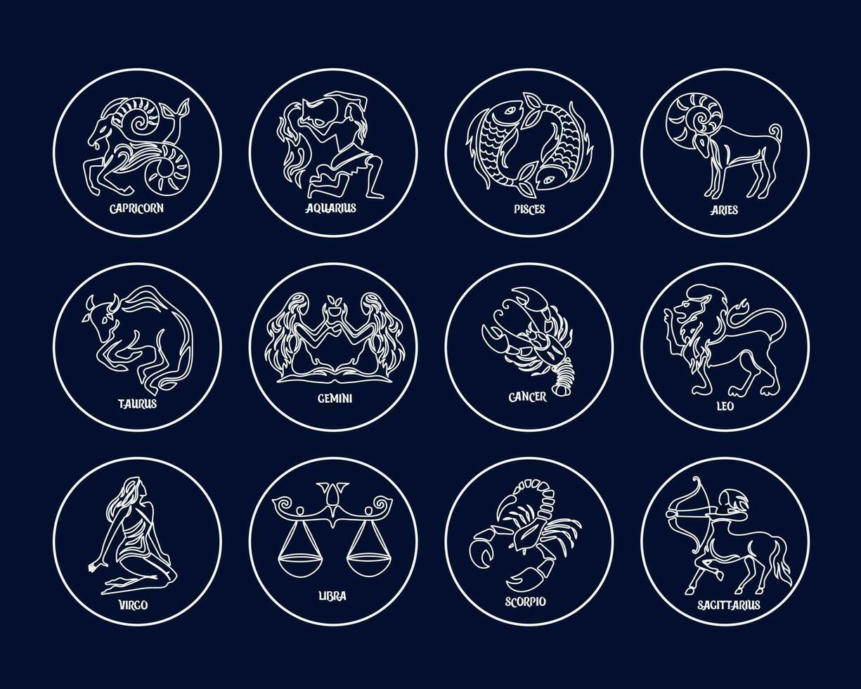 signos del zodiaco, signos del horóscopo astrológico. dibujos de contorno blanco sobre un fondo azul. iconos, vectores