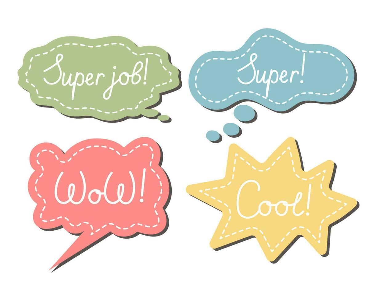 Set of various stickers, speech clouds Job and Great job. School award, encouragement stamp. Student icons in cartoon style, stickers, vector