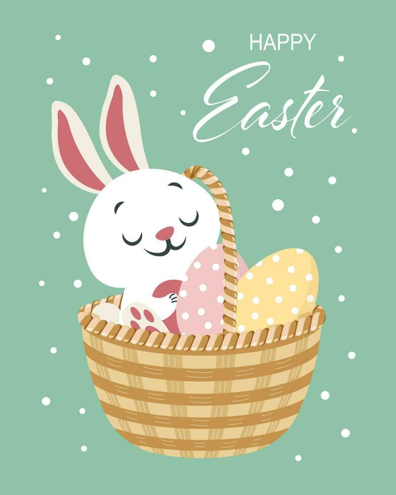 Easter card, cute rabbit in a wicker basket with eggs. Baby print, illustration, vector