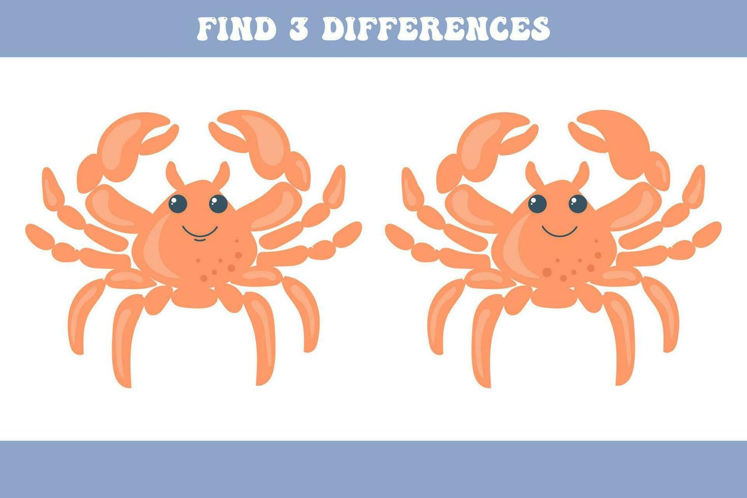 Find 3 differences between the two crabs. Children's logic game, educational puzzle, vector