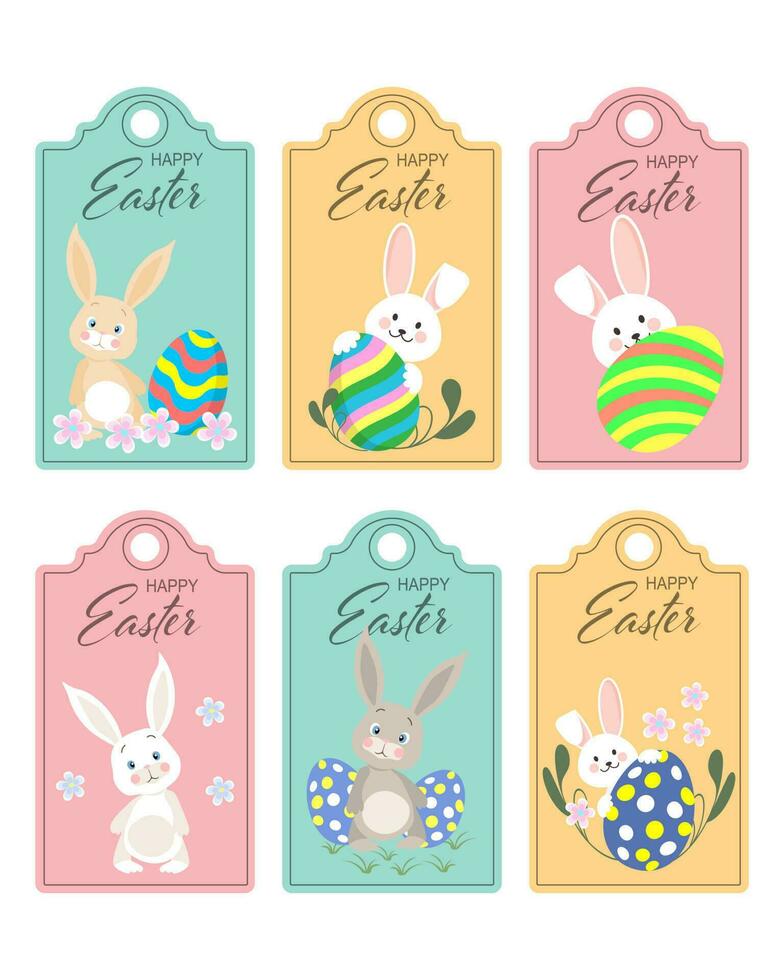 Set of Easter stickers, labels. Cute Easter Bunny with eggs and flowers. Postcards, stickers, cartoon childish style, vector