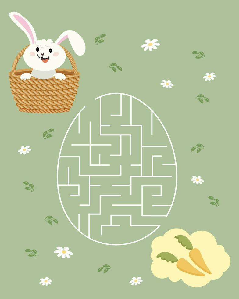 Maze game, rabbit in a basket of Easter eggs and carrots. Children's educational puzzle. Illustration, vector