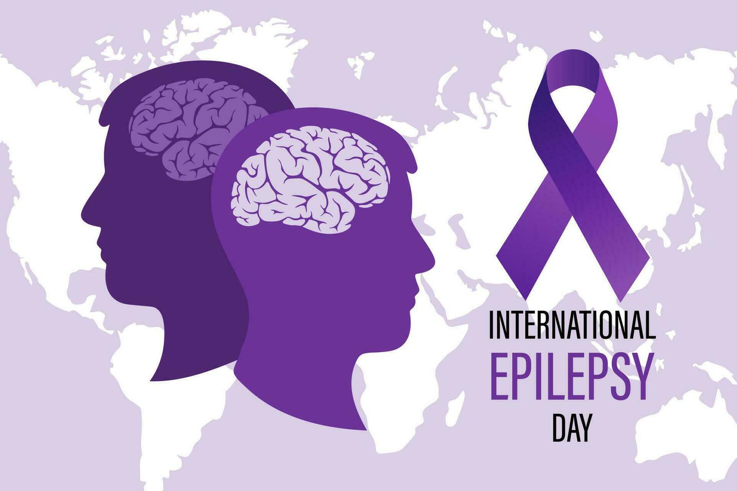 World Epilepsy Day. Human silhouettes, brain and purple ribbon. Medical healthcare concept. Poster, banner, vector