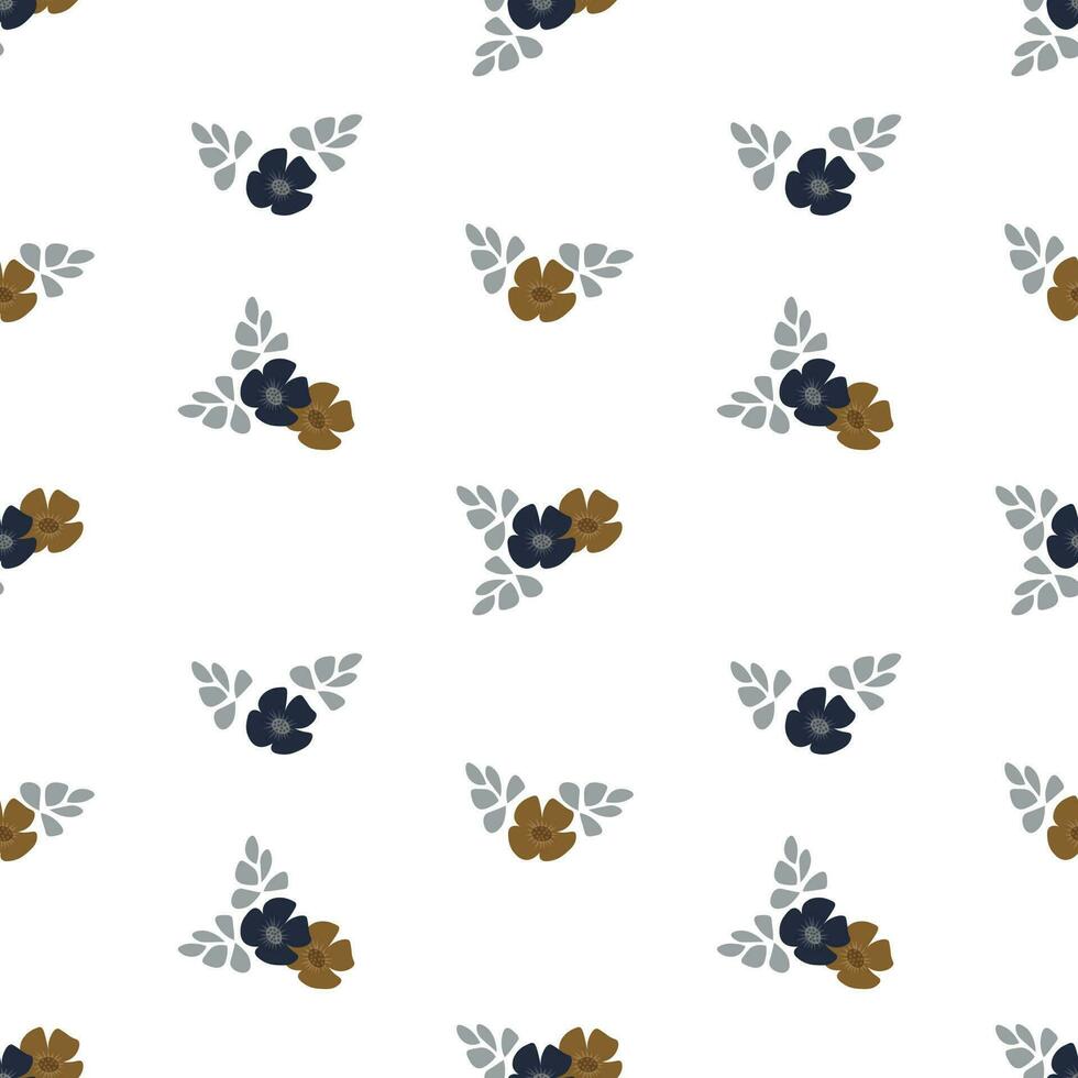 Seamless pattern, small flowers and scattered leaves. Floral rustic background, print, textile, wallpaper, vector