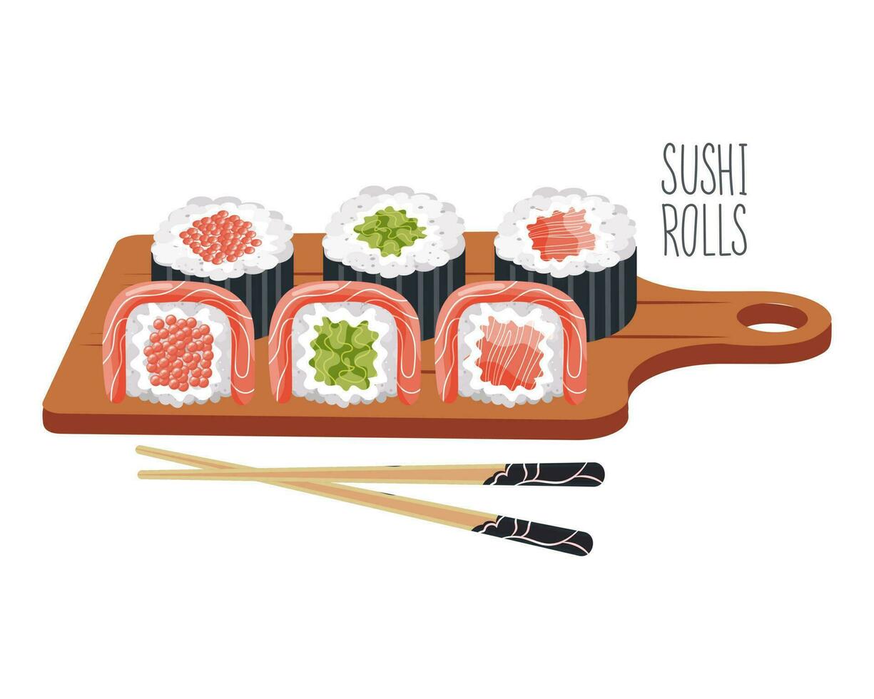 Sushi rolls on a wooden tray with chopsticks. Asian food icon, restaurant menu, vector