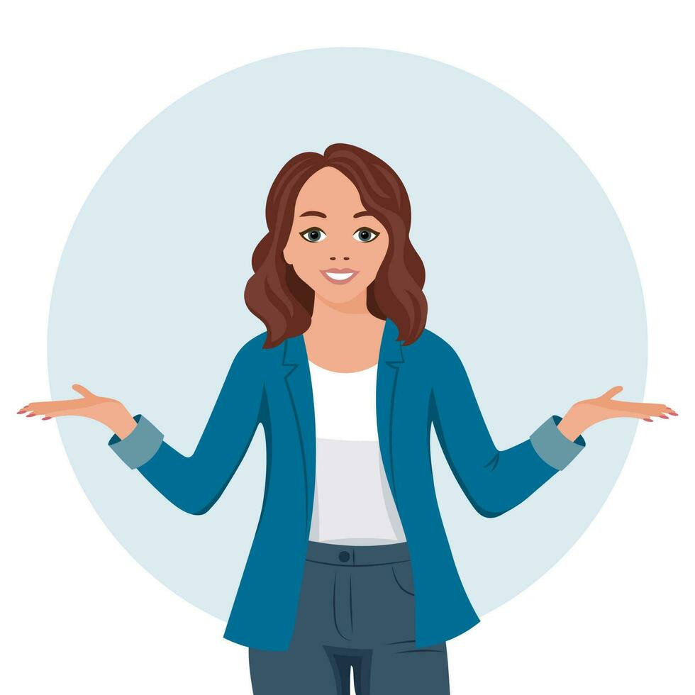 A woman with a satisfied expression gesticulates with her hands. The concept of human emotions. Flat style illustration, vector