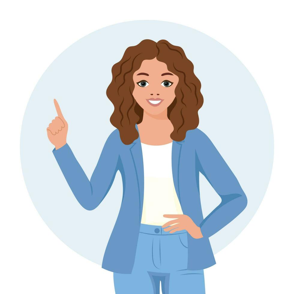 A girl with a joyful expression raised her finger, an idea, a solution to a problem. Emotions and gestures. Flat style illustration, vector