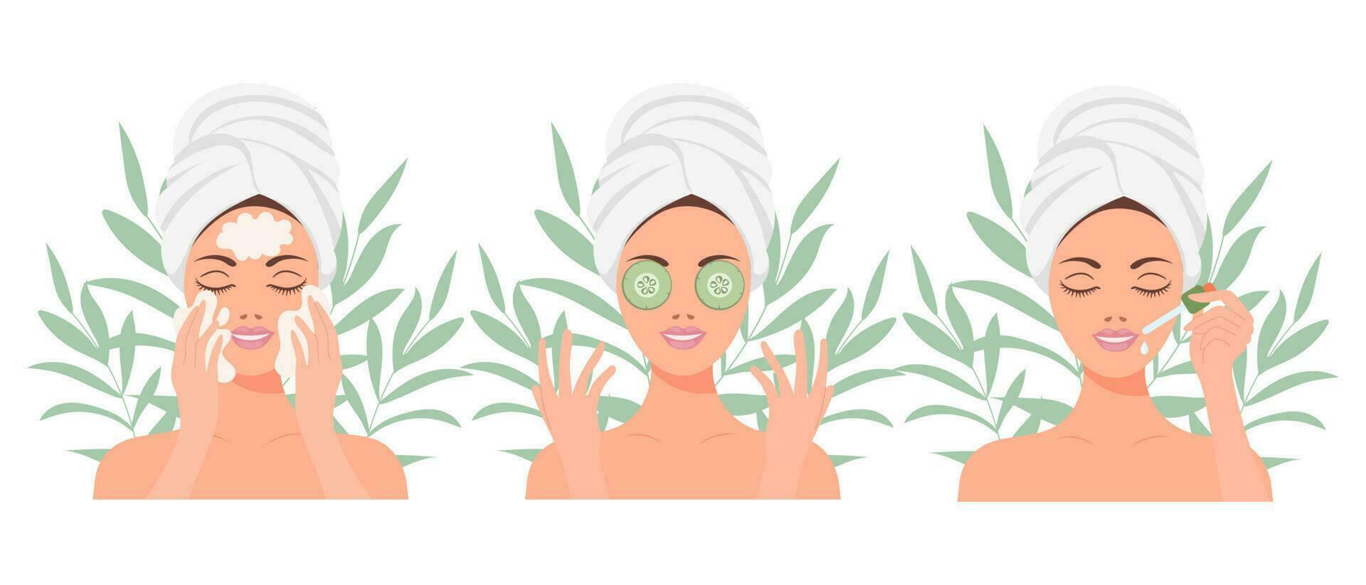 Facial skin care. A woman takes care of her skin. Cosmetic masks, patches, cream, lotion, soap, face mousse. Clip art set, vector