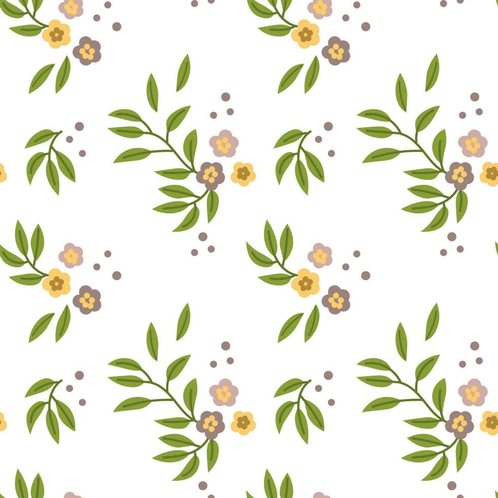 Seamless pattern, small flowers and scattered leaves. Floral rustic background, print, textile, wallpaper, vector