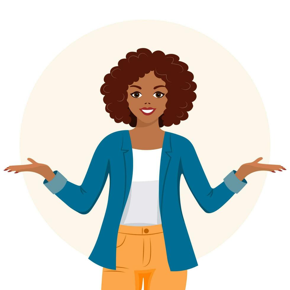 A woman with a satisfied expression gesticulates with her hands. The concept of human emotions. Flat style illustration, vector