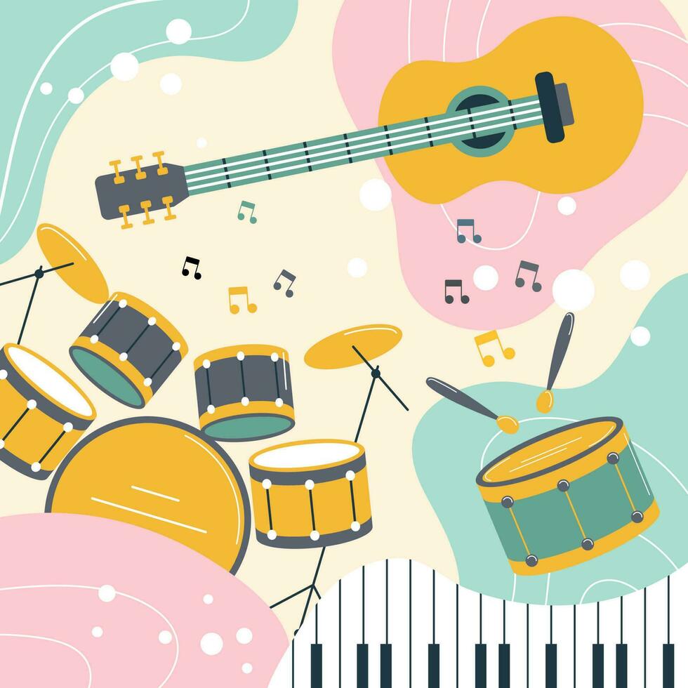 Musical instruments on a colored background in boho style. Pastel colors. Background, poster, print, vector