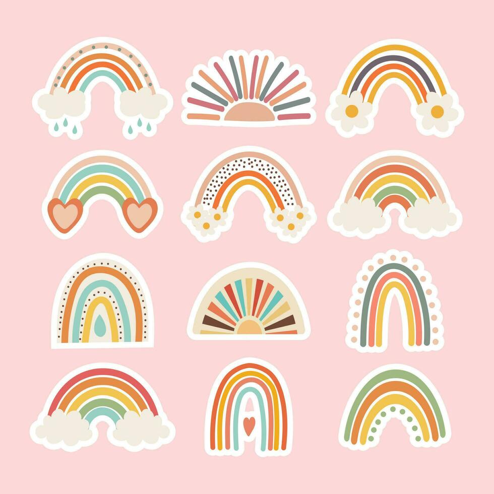 Set of doodles, rainbows, sun with clouds and flowers in retro boho style. Baby stickers, scrapbook icons, vector