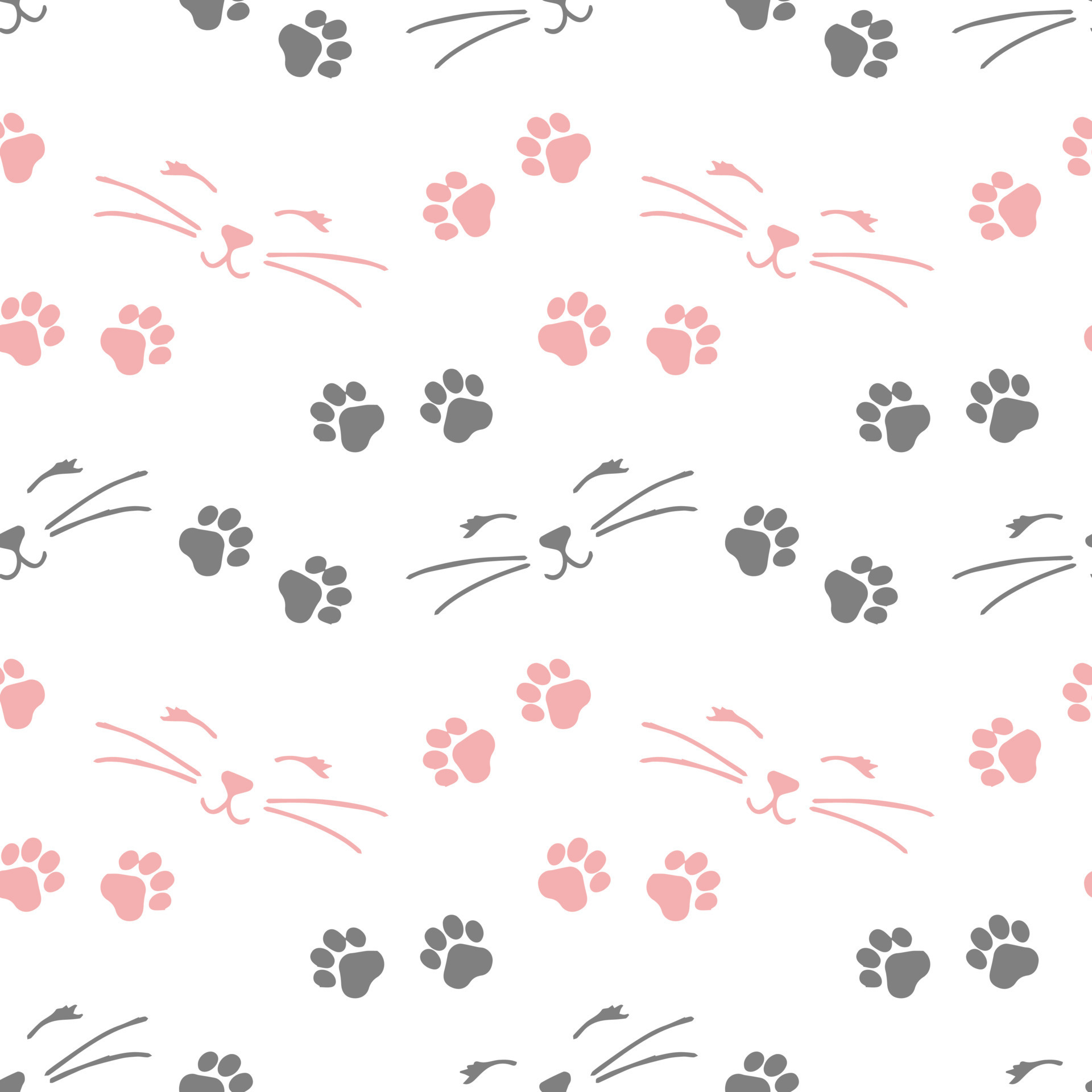 Seamless pattern, cat faces and paw prints on a white background