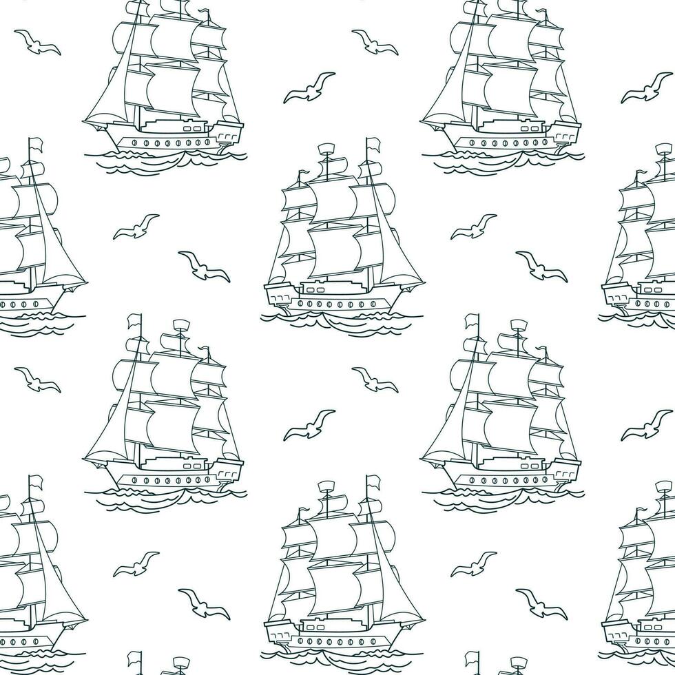 Seamless pattern, blue sea ship, frigate, caravel with seagulls on a white background. Nautical background, line art, vector