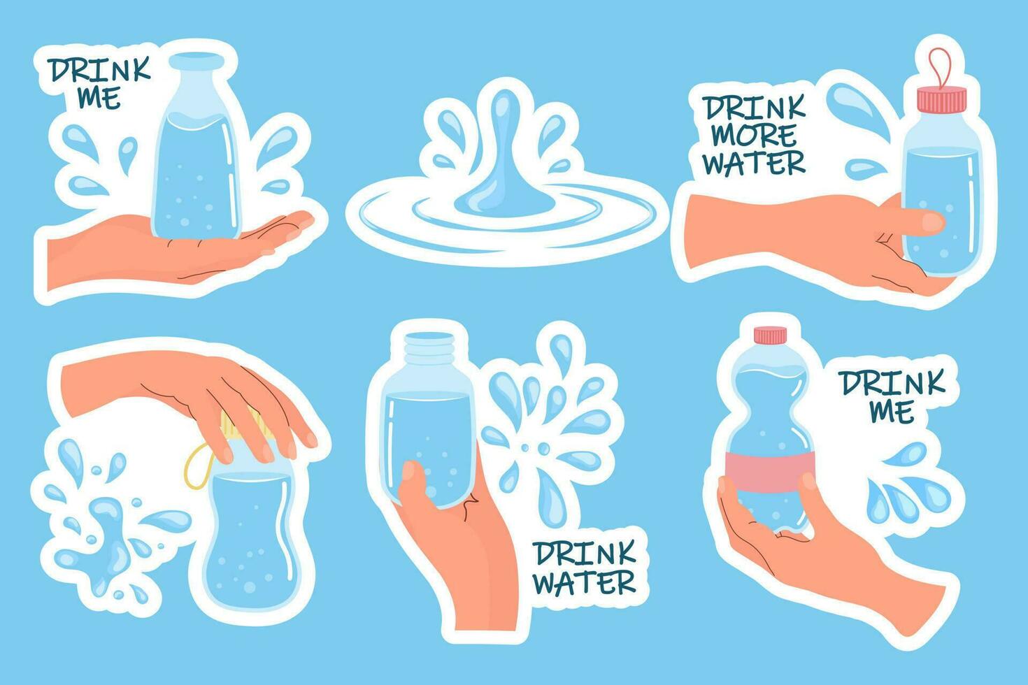 Set of hands holding different containers of water. Glasses and bottles of water in hands. Drink more water concept. Clip art, stickers, vector