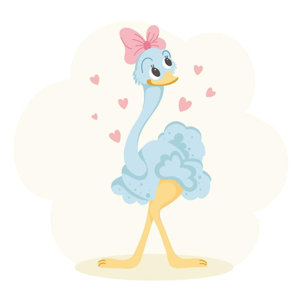 linda dibujos animados avestruz pájaro con un arco con corazones. para niños ilustración, tarjeta postal, pastel colores, vector