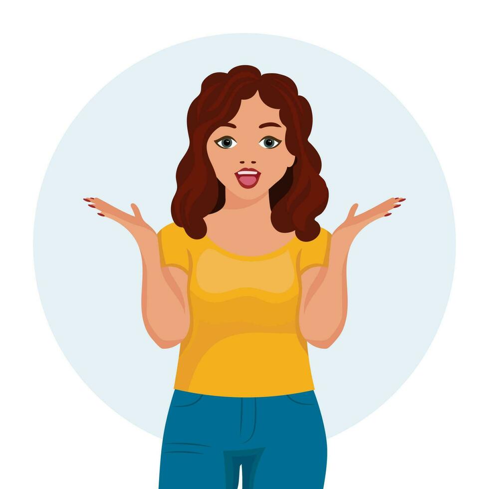 A young woman raised her hands with a surprised expression. Emotions and gestures. Flat style illustration, vector