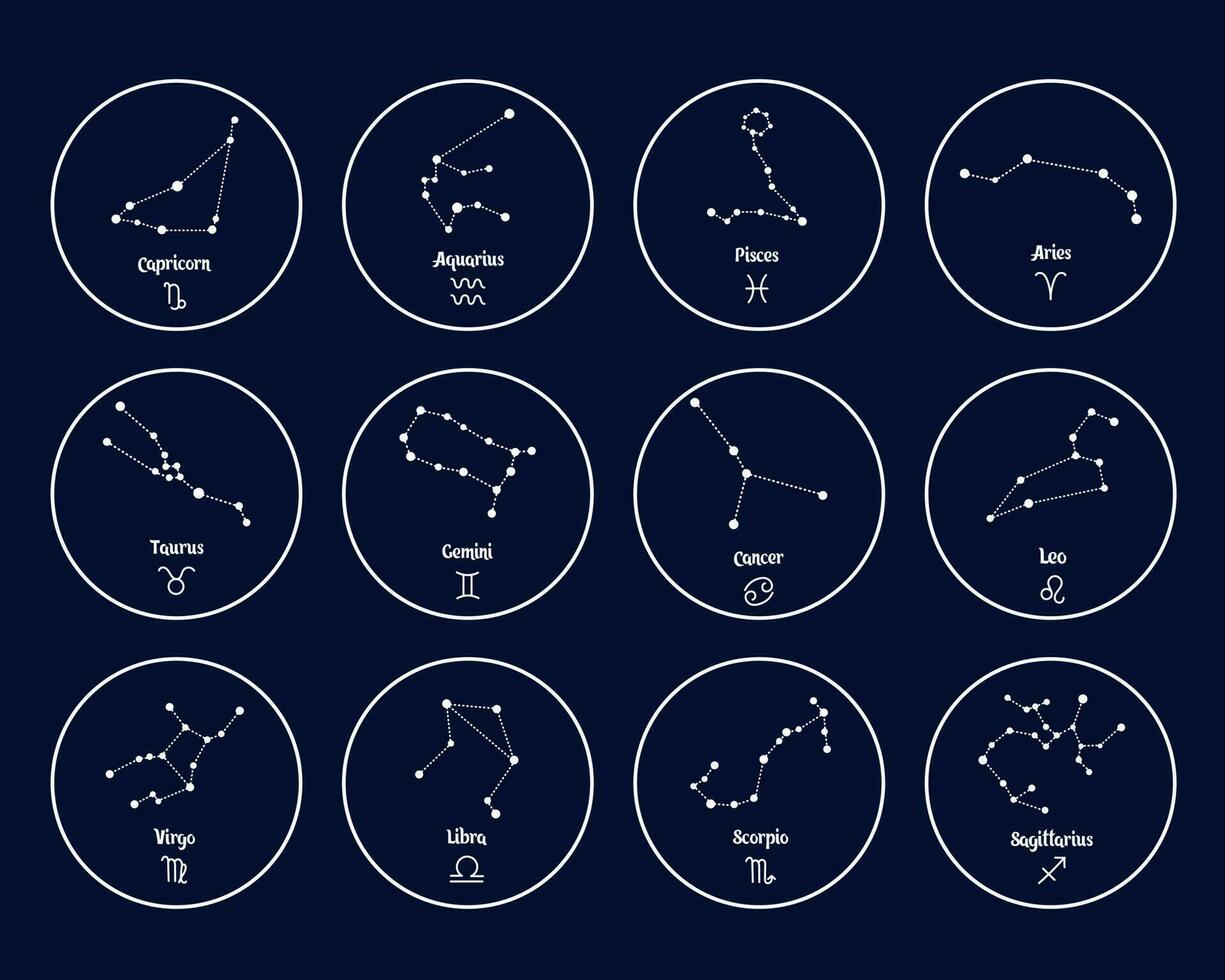 Set of zodiac constellations with names and symbols, astrological horoscope. illustration vector