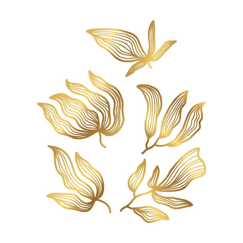 Golden Floral Vector Illustration with Line Style. Luxury Hand Drawn Flowers