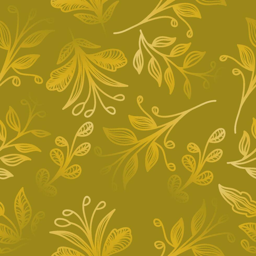 Gold Flower Pattern with Hand Drawn Style on Yellow Background. Seamless Exotic Floral Pattern for Fashion, Wallpaper, Wrapping Paper, Background, Fabric, Textile, Apparel, and Card Design vector