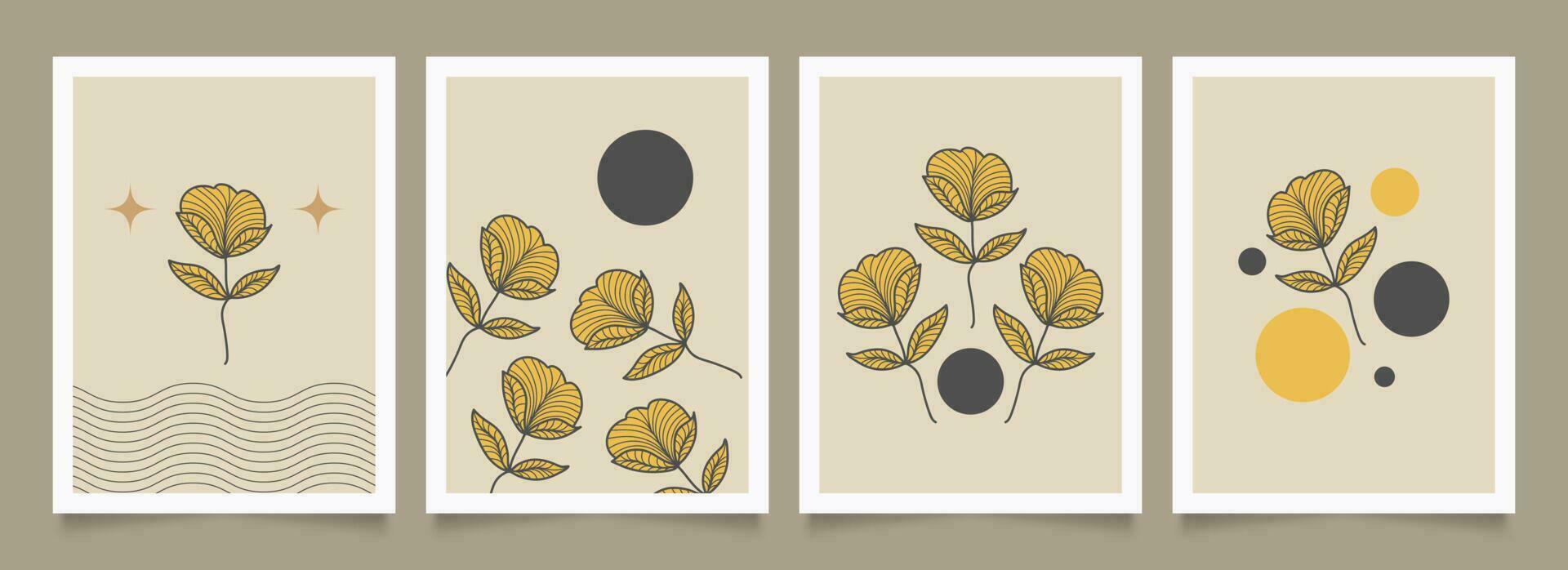 Set of Minimalist Poster with Hand Drawn Flowers. Floral Art Design for Wallpaper, Cover, Print, and More vector