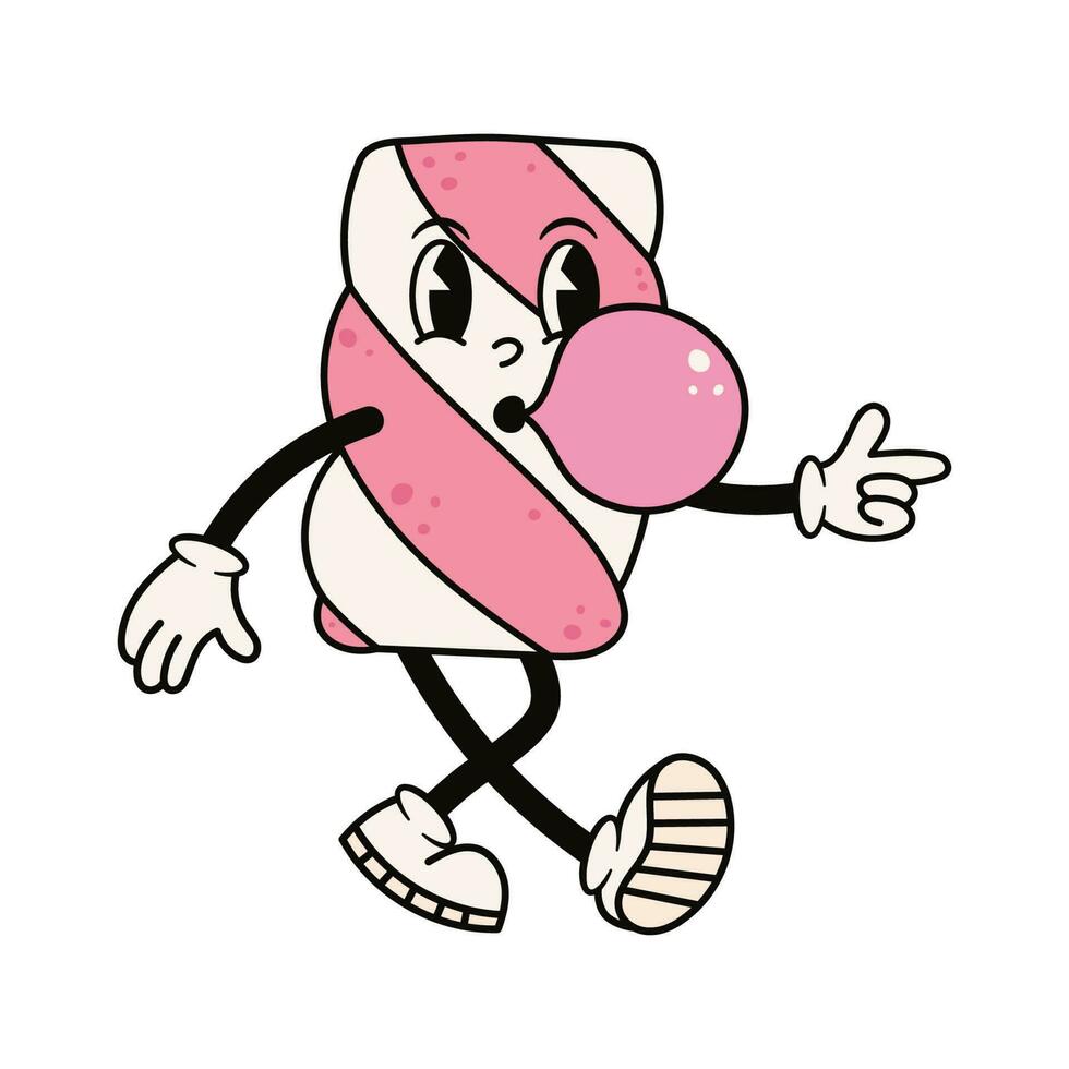 maravilloso a rayas malvavisco personaje soplo burbuja chicle. linda retro mascota. dibujos animados aislado vector ilustración.