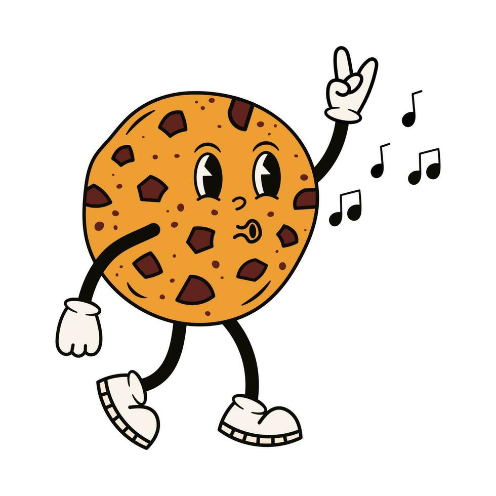 Groovy cool chocolate chip cookies character. Cute retro mascot. Cartoon isolated vector illustration.