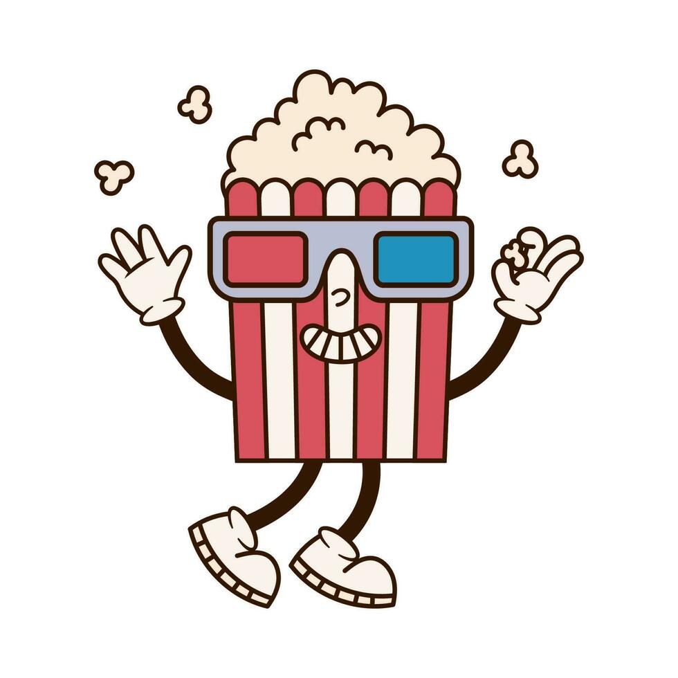 Groovy cool popcorn character with 3d cinema glasses. Cute retro mascot for movie theatre. Cartoon isolated vector illustration.