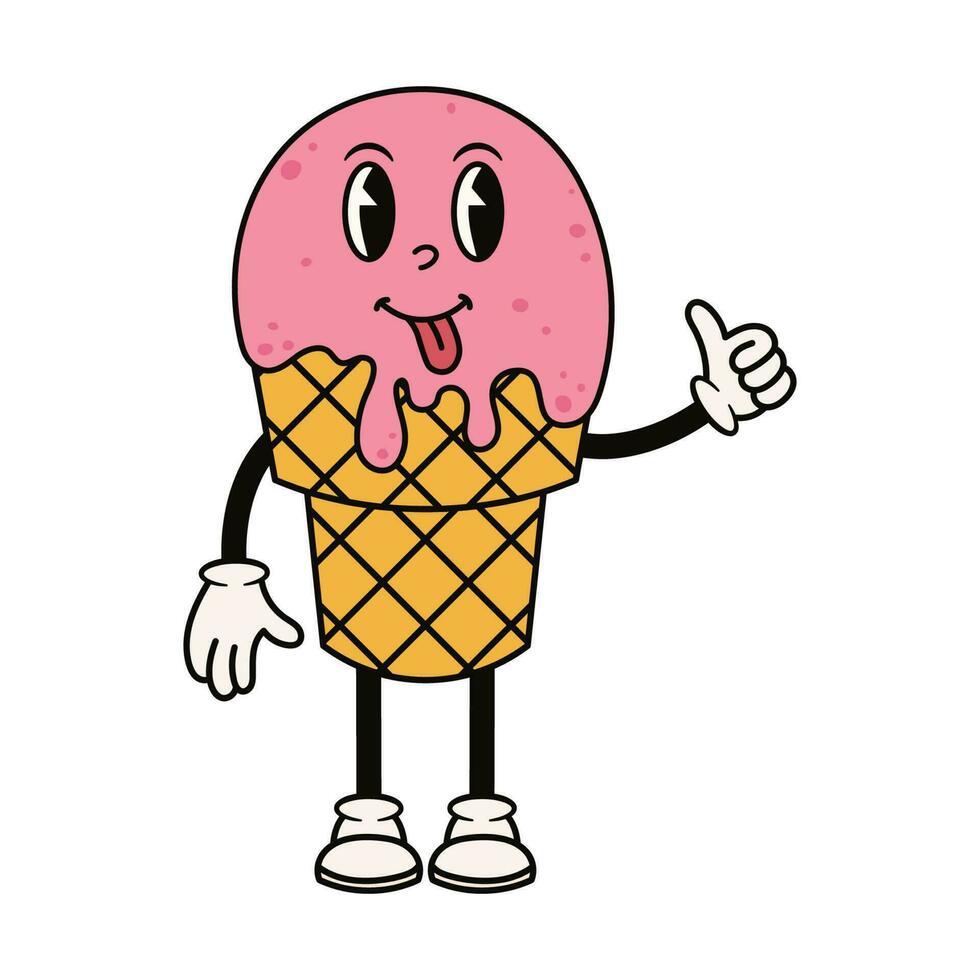 Groovy ice cream character in waffle cup. Cute retro mascot. Cartoon isolated vector illustration.