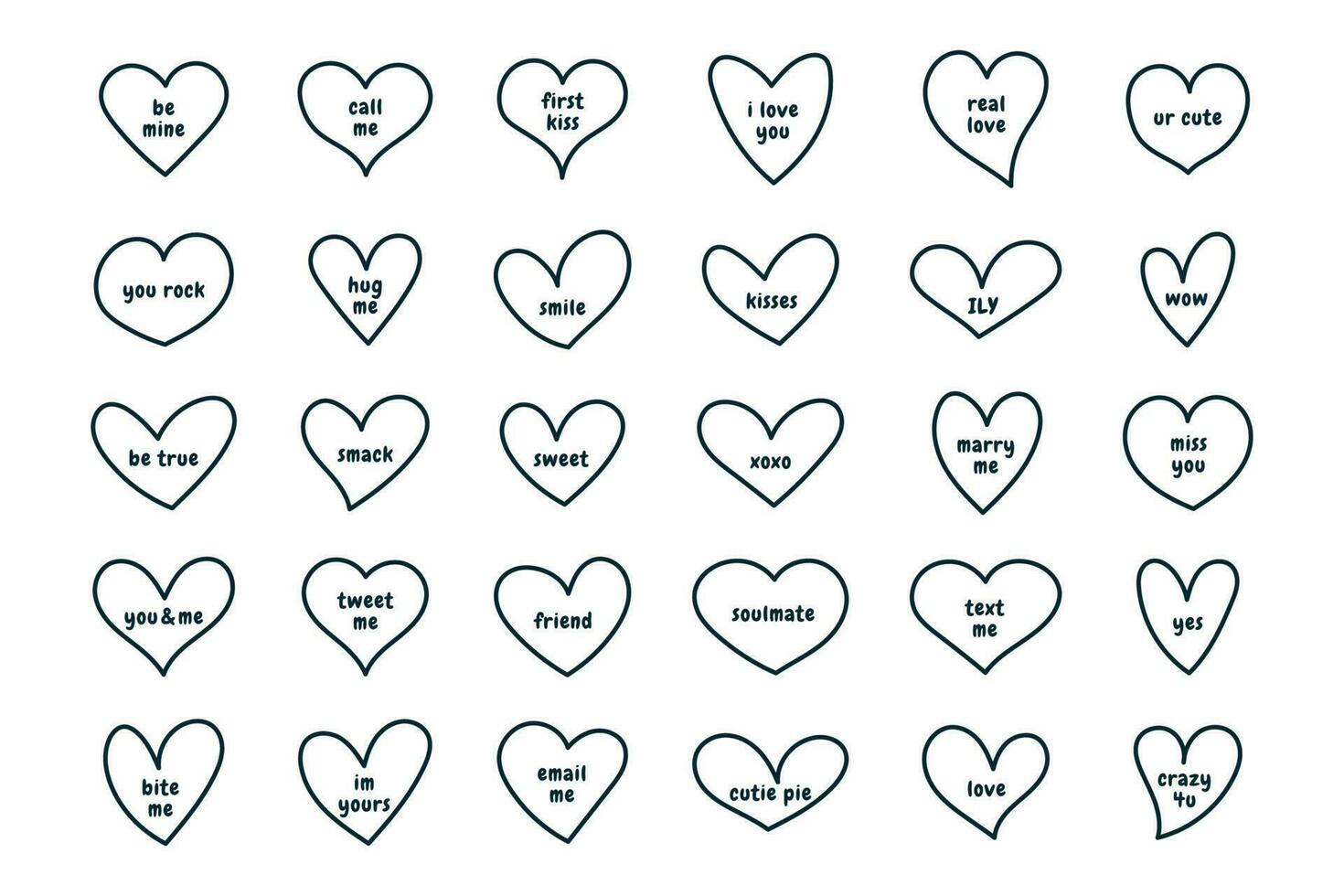 Set icons of sweet heart shape with lettering world. Isolated hand drawn doodle sketch vector illustration.