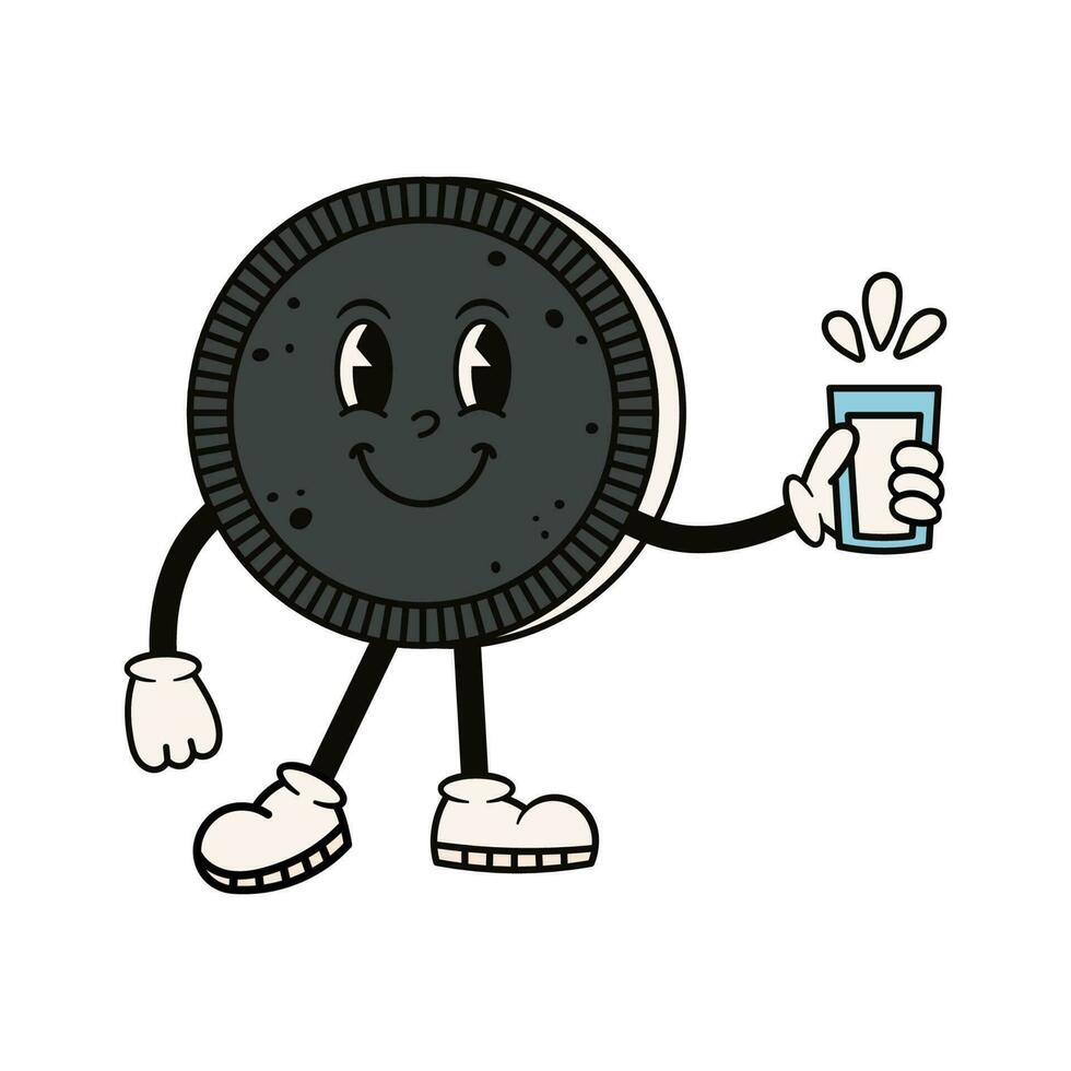 maravilloso emparedado galletas personaje con vaso leche. linda retro mascota. dibujos animados aislado vector ilustración.