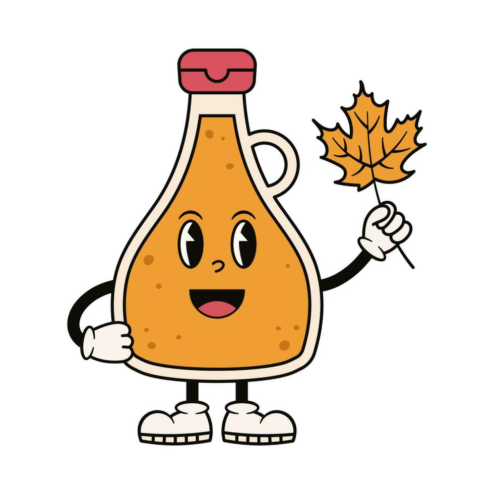 Groovy maple syrup character holding maple leaf. Cute retro mascot. Cartoon isolated vector illustration.