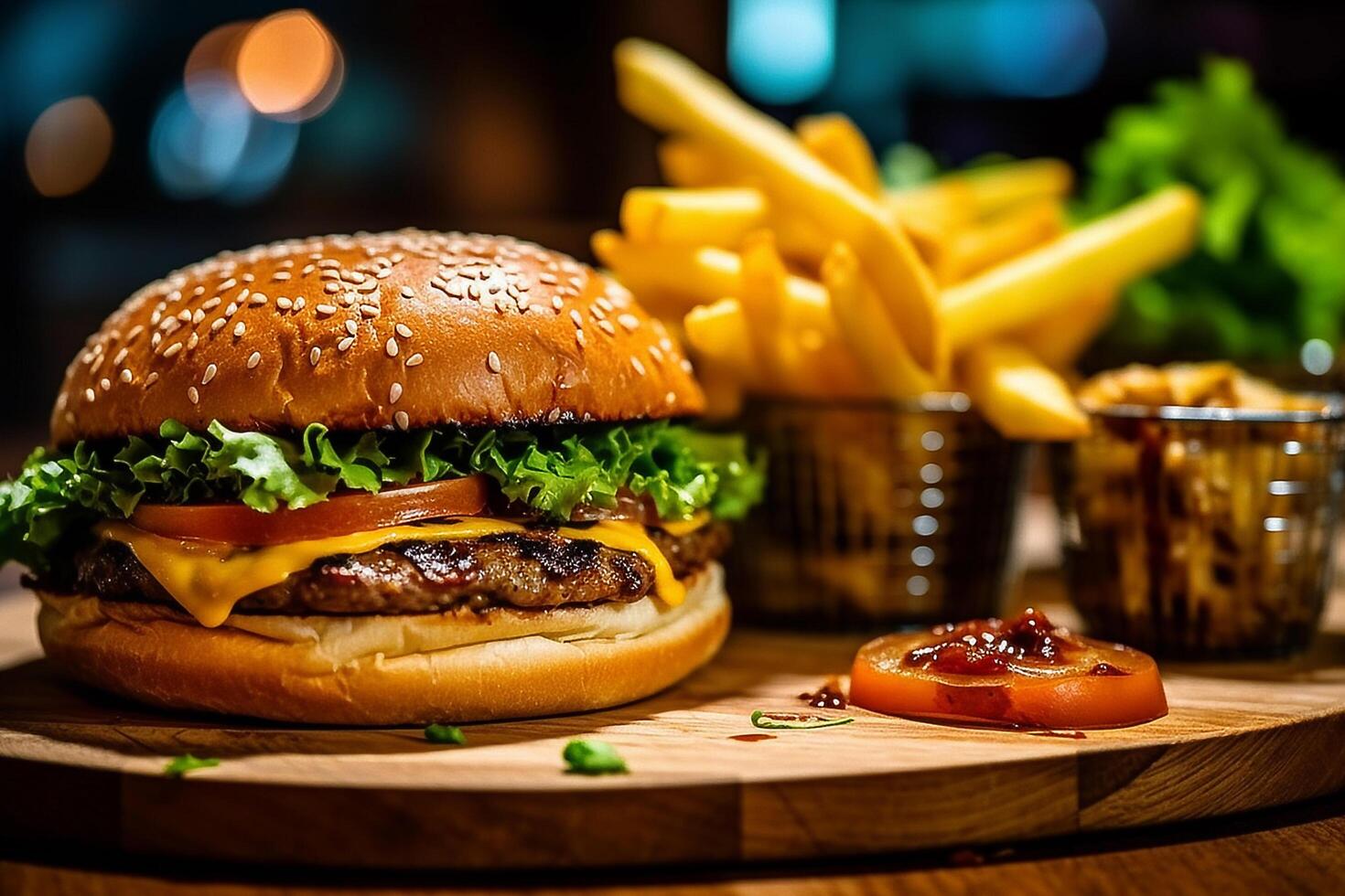 hamburger served with herbs and fries, photo