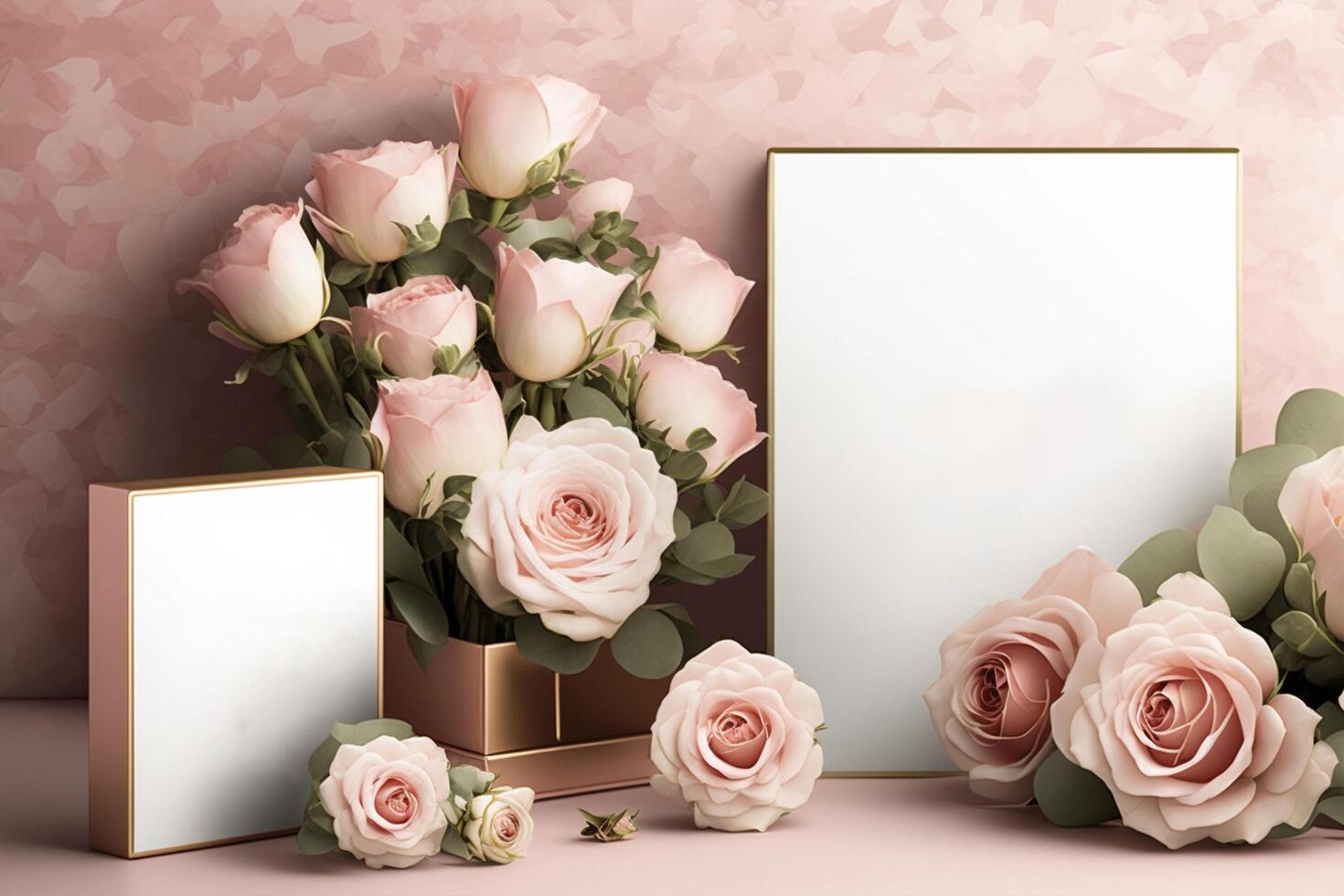 Happy Mothers Day card with gift and rose flower, copy space, photo