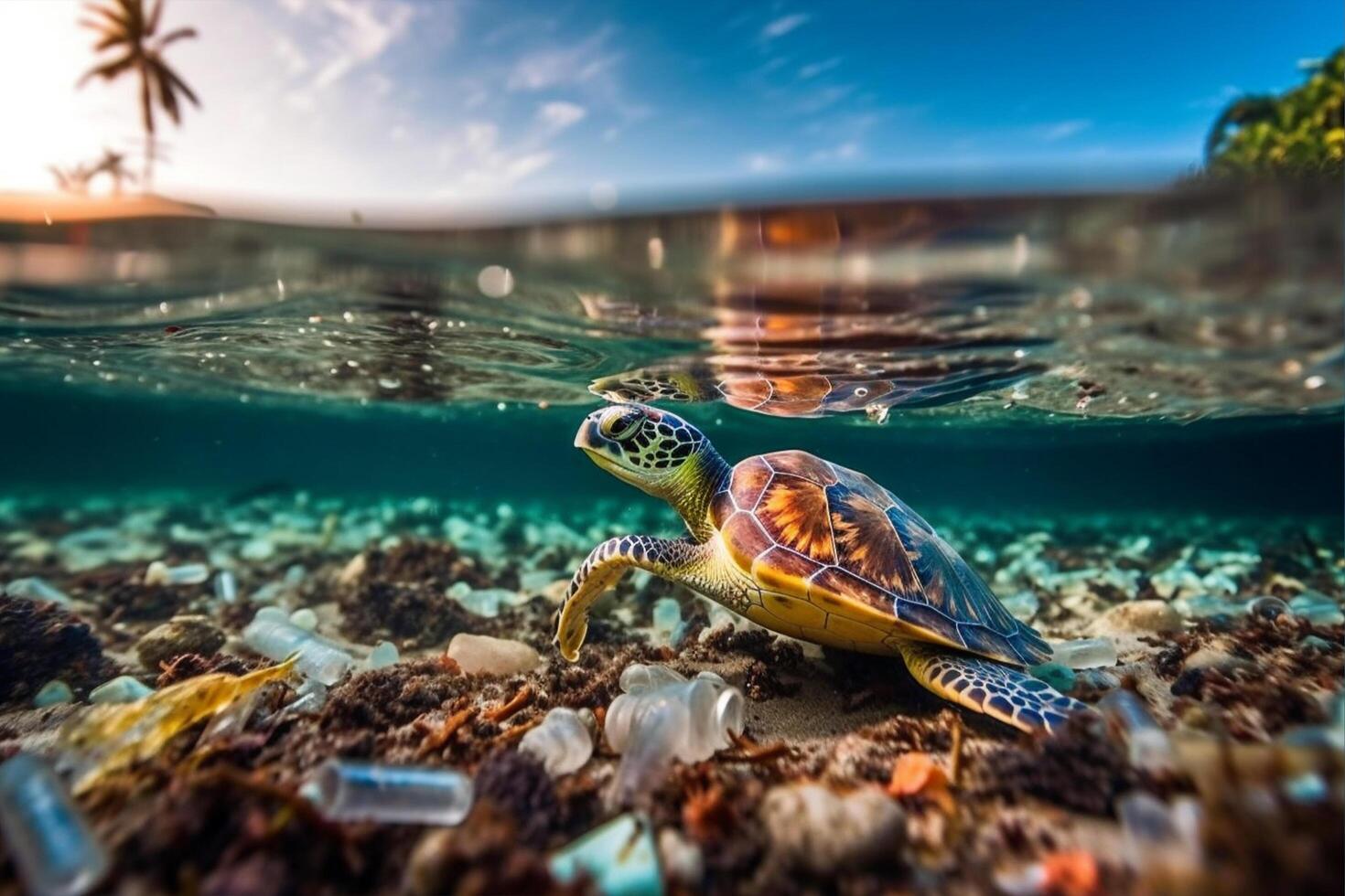 Turtle Eat Plastic Bag, AI Generative photo