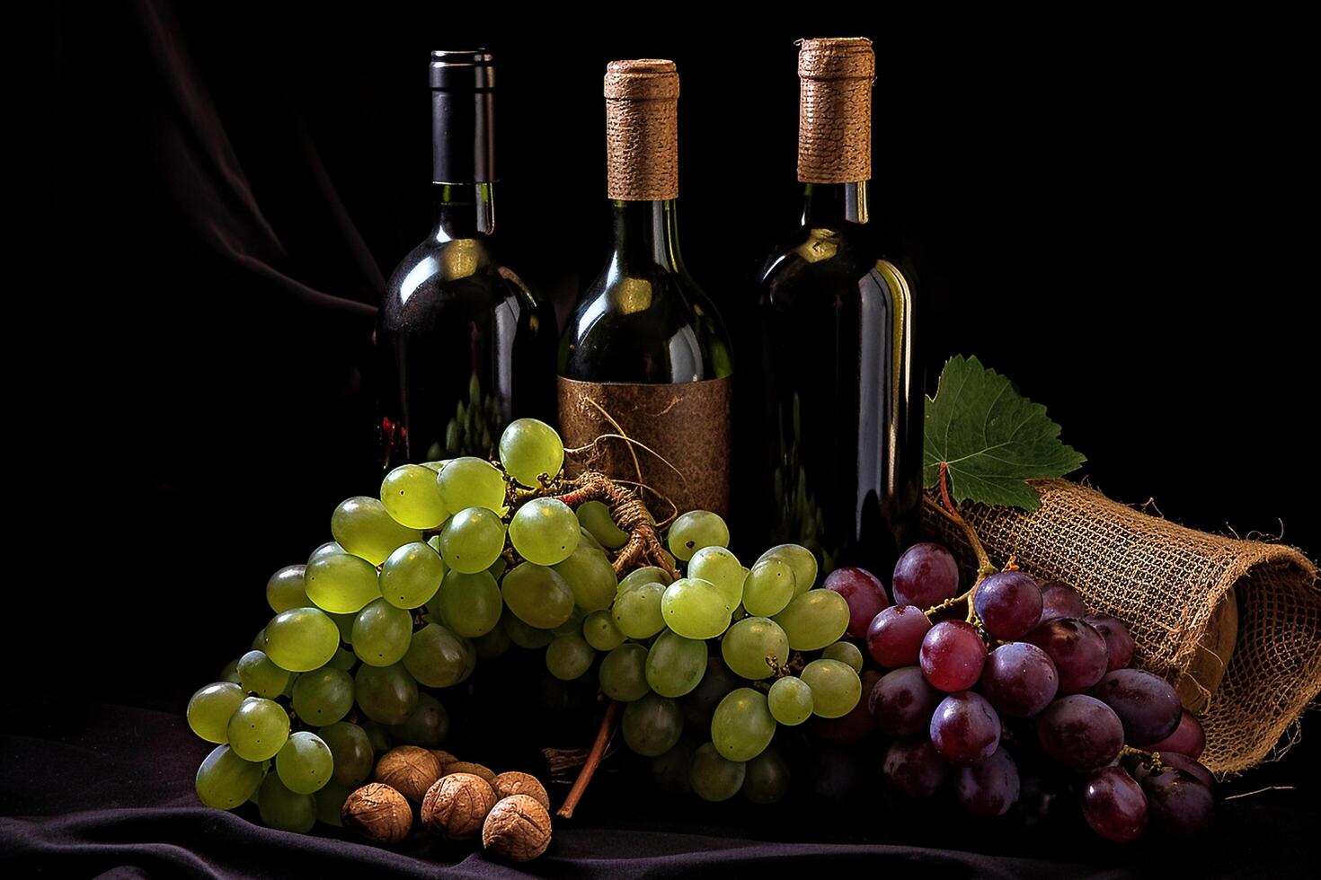 vino botellas y uvas con negro fondo, ai generativo foto