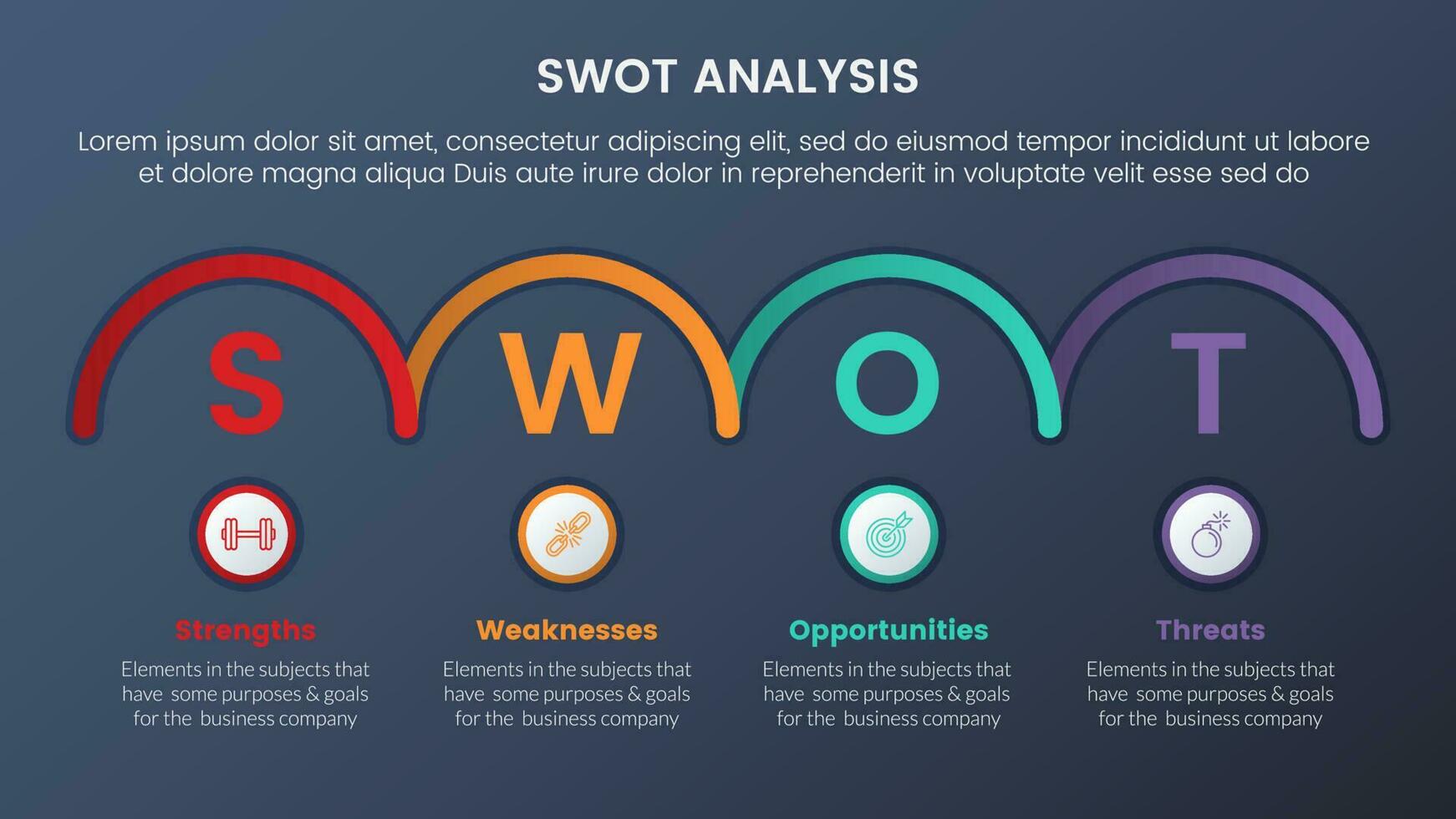 swot analysis concept with half circle shape horizontal for infographic template banner with four point list information vector