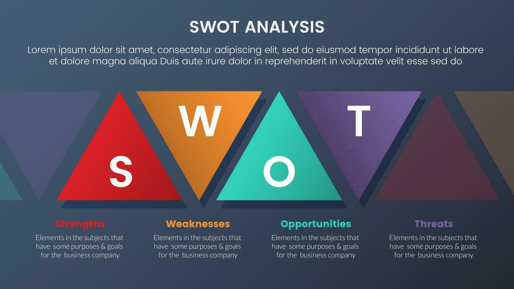 swot analysis concept with triangle shape combination for infographic template banner with four point list information vector