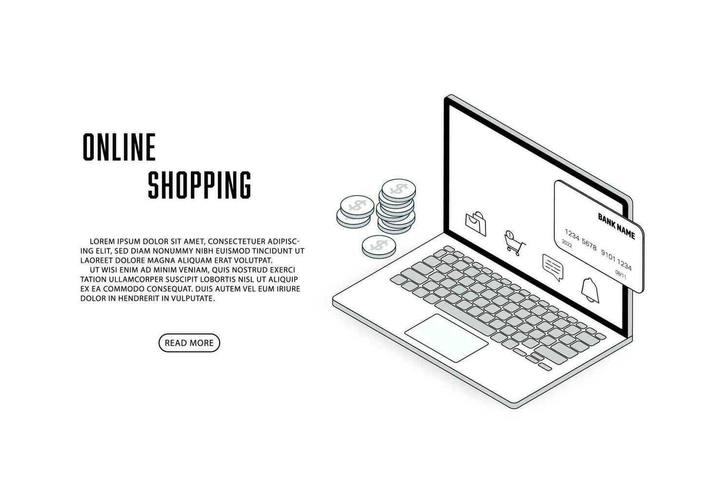 Vector line isometric laptop online shopping concept.