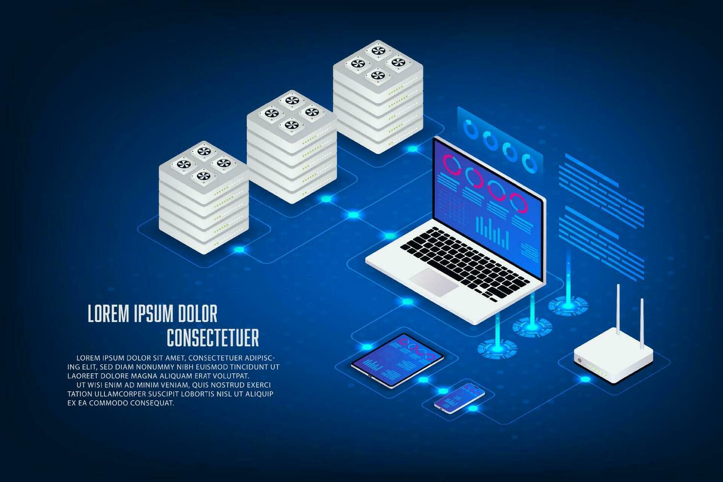 vector isométrica servidor almacenamiento concepto. computadora portátil, tableta, móvil, enrutador Wifi y servidor isométrico