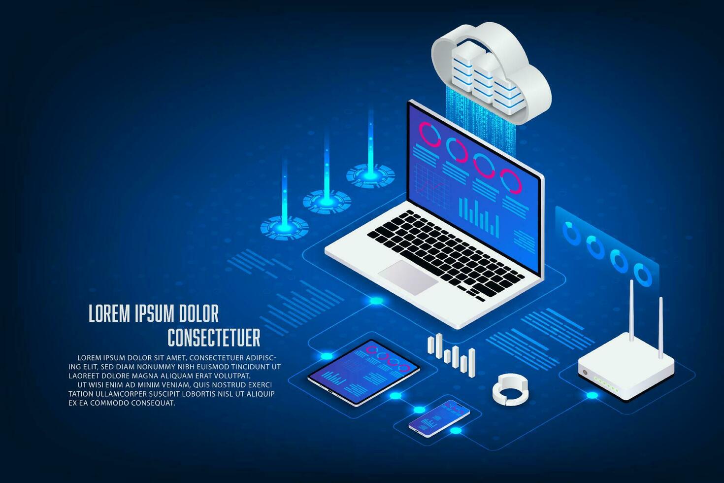 vector isométrica servidor almacenamiento, financiero tecnología cripto moneda valores intercambiar comercio solicitud concepto. computadora portátil, tableta, móvil, enrutador Wifi y servidor isométrico