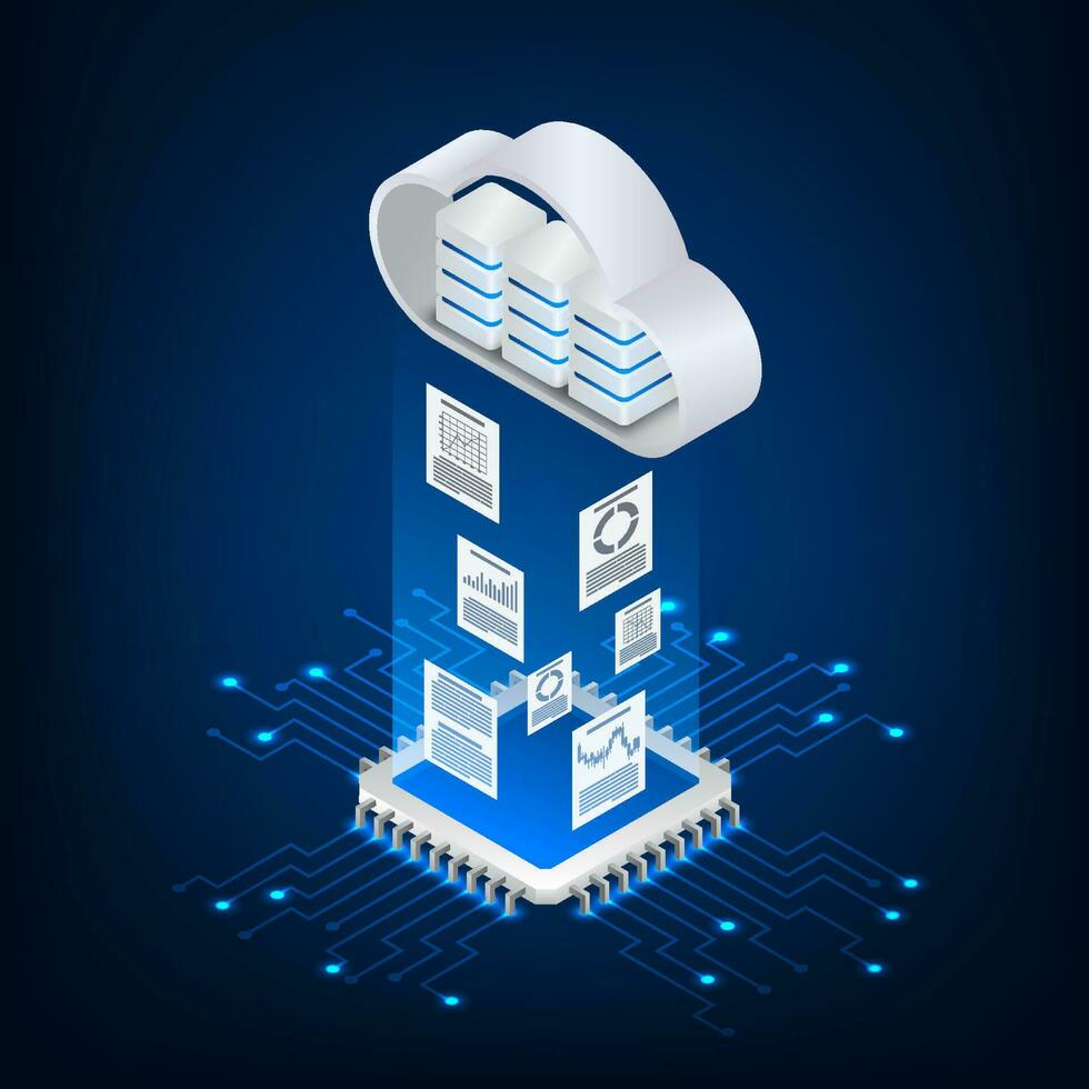 Vector isometric cloud transfer data protection cpu microchip digital and technology concept.